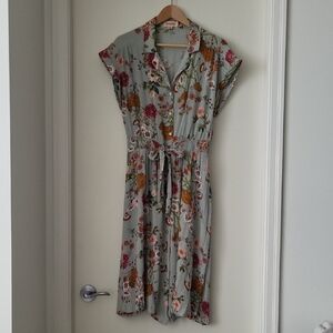 Sage Floral Button-Front Midi Dress with Tie Waist